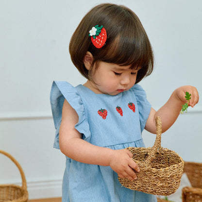 Baby Milk SS26 Strawberry Embroidery Ruffle Sleeve Bubble Denim Romper (3-18m) - Light Denim
