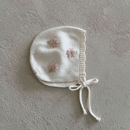 Baby Lala S25 Floral Embroidery Long Sleeve Knit Bonnet (One Size) - Ivory - AT NOON STORE