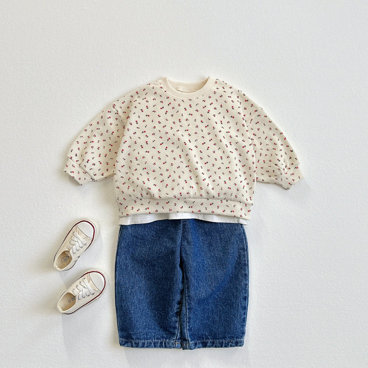 Toddler SP26 Floral Waffle Long Sleeve Sweatshirt and Jogger Pants Set (1-6y) - Ivory - AT NOON STORE