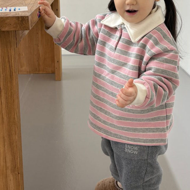 Toddler W25 Warm Soft Stripe Collar Long Sleeve Top (1-7y)- Pink - AT NOON STORE