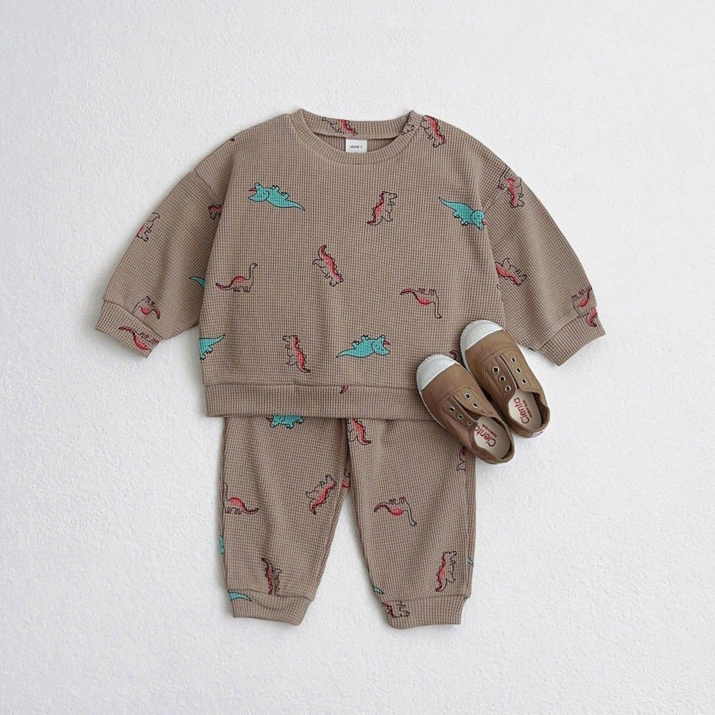 Toddler Waffle Dino Print Pullover and Jogger Patens Set (1-6y) - Beige - AT NOON STORE