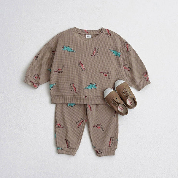 Toddler Waffle Dino Print Pullover and Jogger Patens Set (1-6y) - Beige