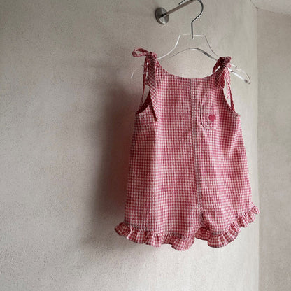 Toddler SS26 Tie Shoulder Heart Embroidery Ruffle Hem Shortalls (1-5y) - 2 Colors