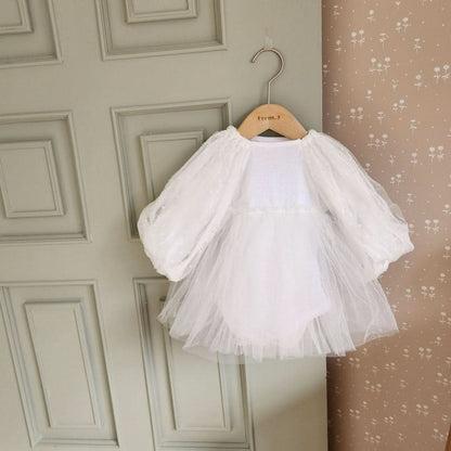 Baby Dot Embroidered Organza Puff Sleeve Tutu Dress Romper (3-18m) - White - AT NOON STORE