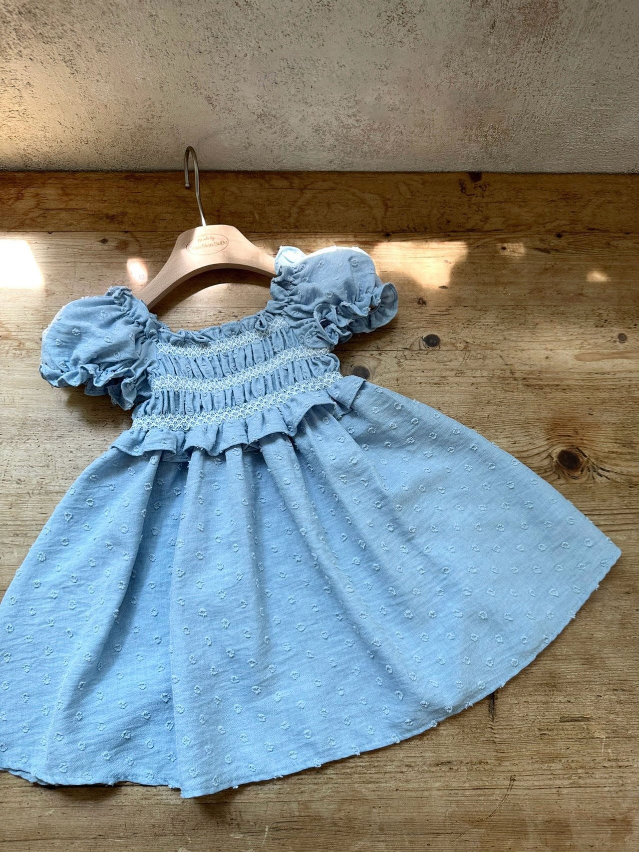 Baby Girls Monbebe Short Puff Sleeve Smocked Bodice Dress (1-6y) - Blue