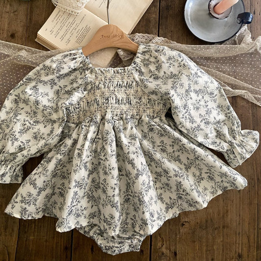 Baby Ann Floral Smocked Bodice Puff Sleeve Dress Romper (6-18m) - Blue Floral