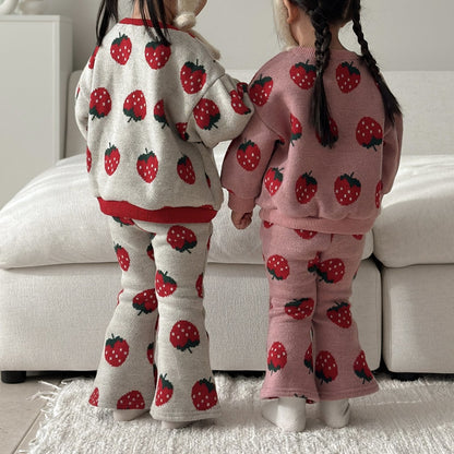 Toddler W25 Strawberry Jacquard Puff Sleeve Sweater & Flare Pants Set (15m-7y) - 2 Colors