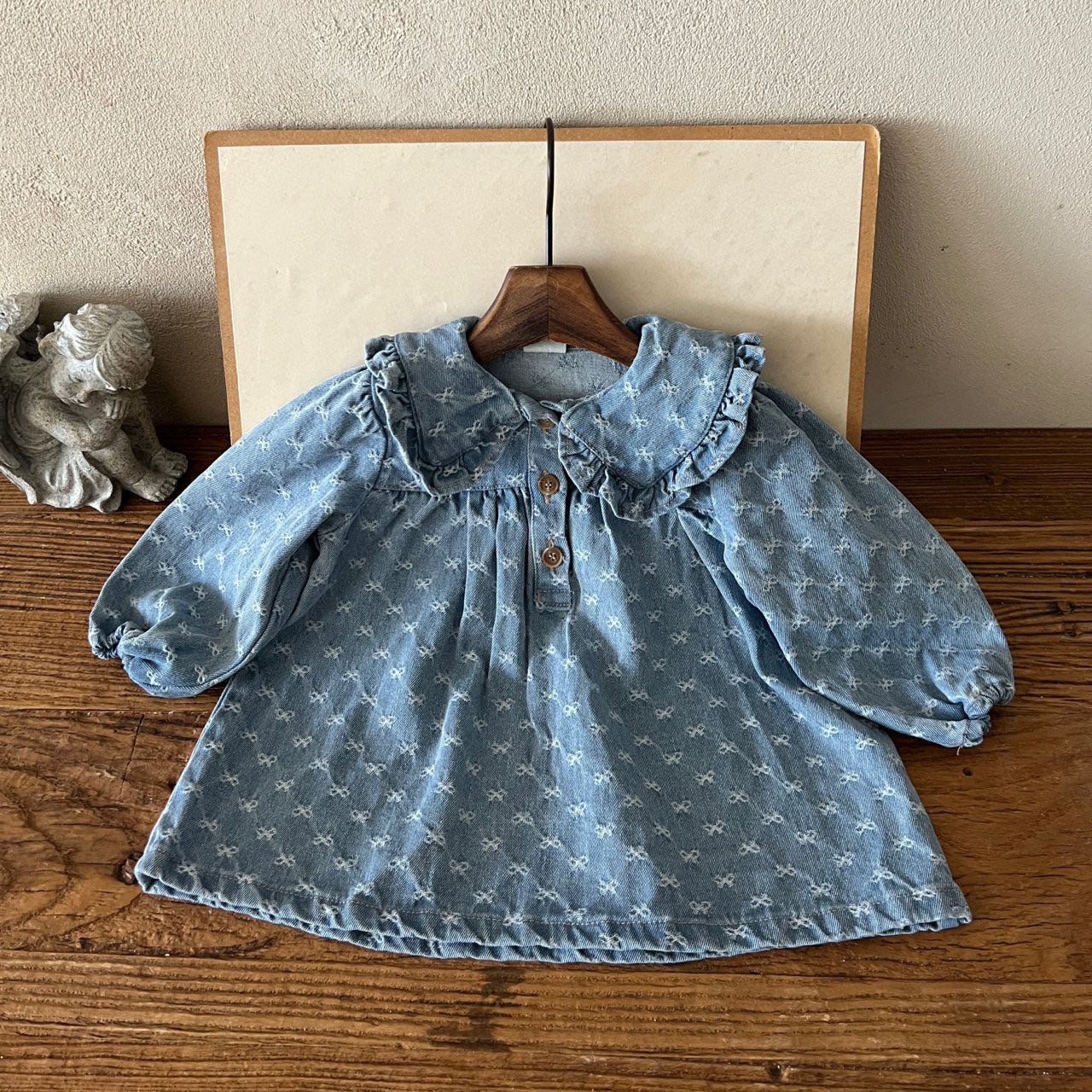 Girl Lala Frill Trim Big Collar Bow Jacquard Denim Dress (1-5y) -Denim