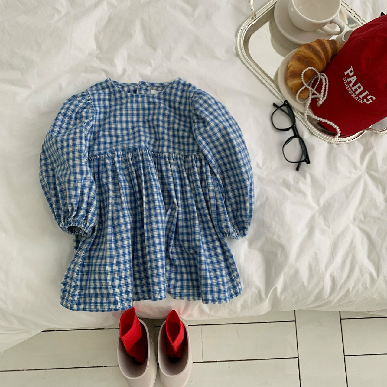 Kids F26 Plaid Bubble Sleeve Dress (1-7y) - Blue