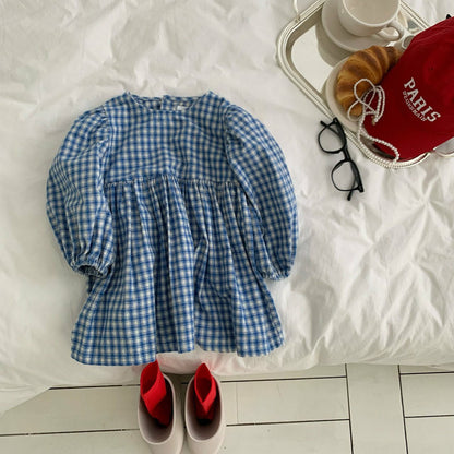 Kids F26 Plaid Bubble Sleeve Dress (1-7y) - Blue