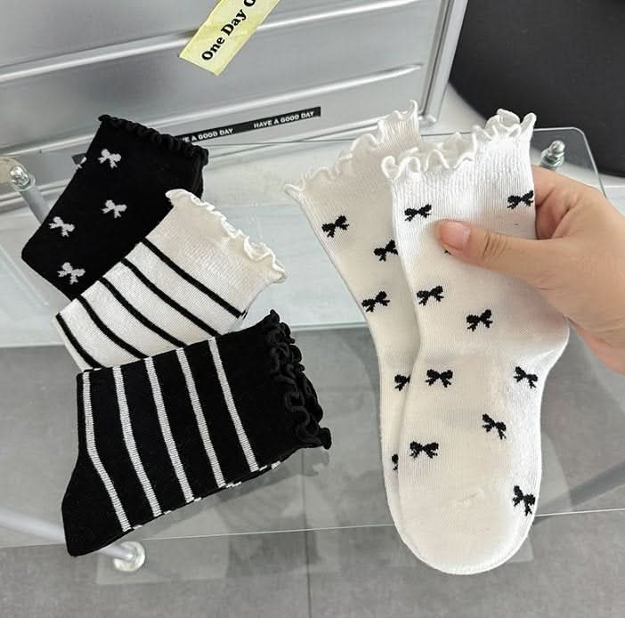 Baby Toddler Lettuce-Edge Bow/Stripe 4PK Ankle Socks Set (3-8y) - Black and White - AT NOON STORE