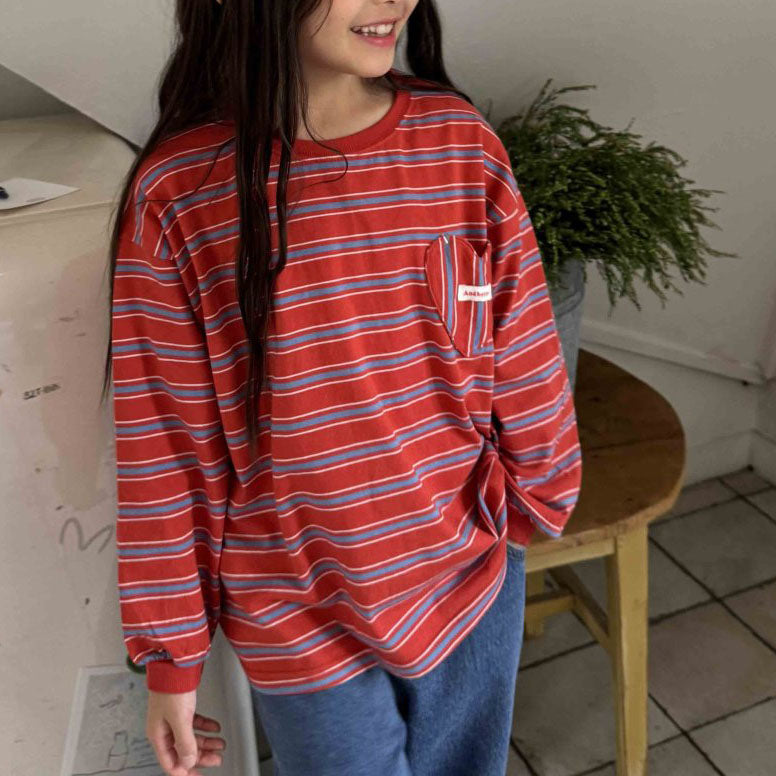 Toddler F25 Heart Pocket Stripe Long Sleeve Top (3-7y) - Red