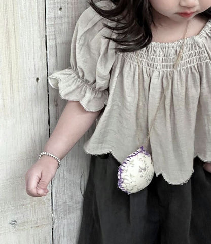 Kids Frill Puff Sleeve Crop Top  (2-6y) - Gray - AT NOON STORE
