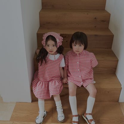 Toddler Land SS26 Peter Pan Collar Plaid Short Sleeve Shirt (1-6y) - Red - AT NOON STORE