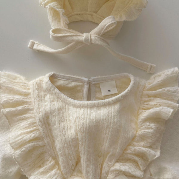 Baby Knit Top Ruffle Detail Dress Romper and Bonnet Set (3-18m) - Ivory