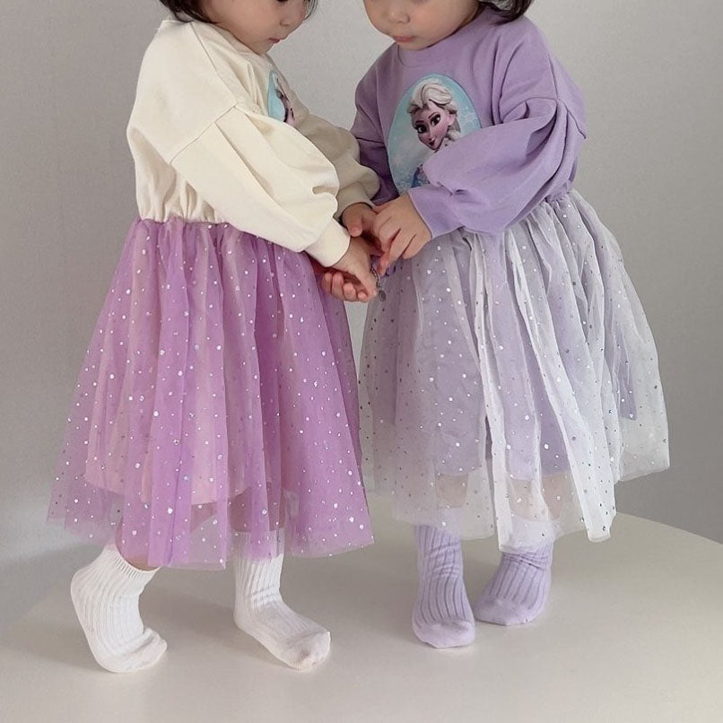 Toddler S25 Puff Sleeve Cotton Elsa Tulle Dress (15m-7y) - 2 Colors