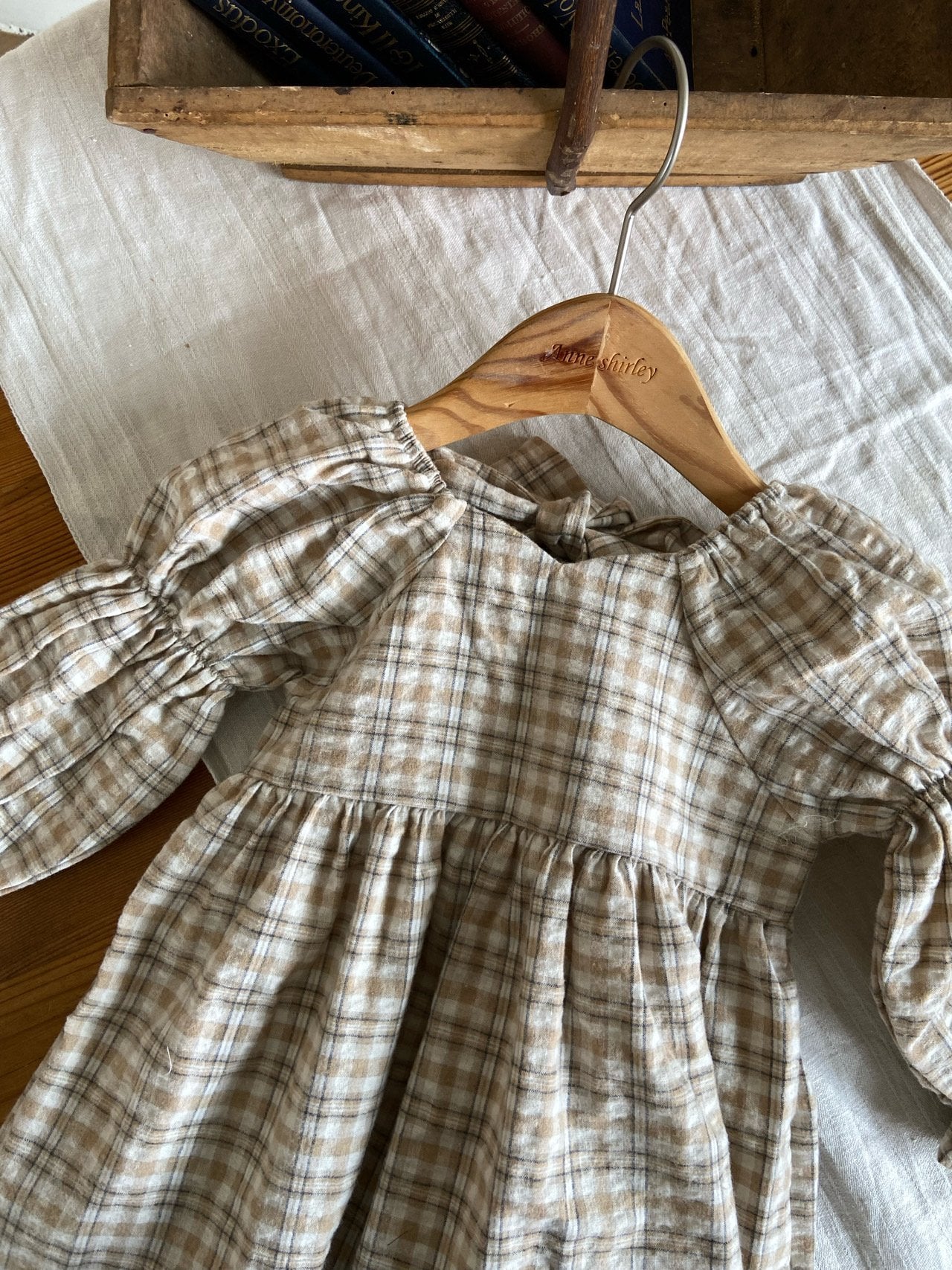 Toddler Ann Plaid Bow Back Puff Sleeve Dress (2-4y) - Beige Plaid - AT NOON STORE