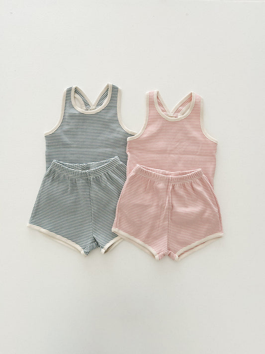 Baby/Toddler SS25 Ribbed Stripe Sleeveless Top and Shorts Set (6m-4y) - 2 Colors