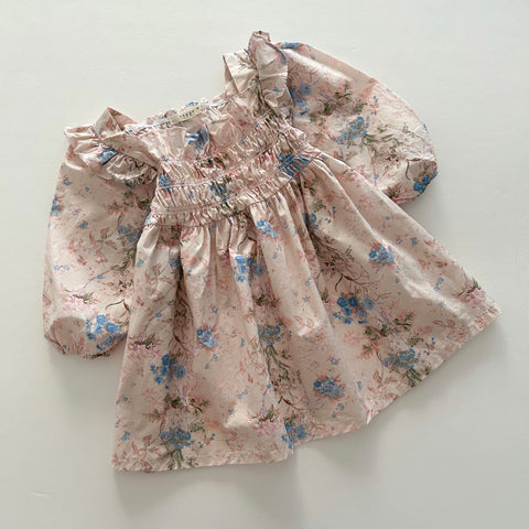 Toddler Ruffle Trim Smocked Dress (1-6y) -Blue Floral