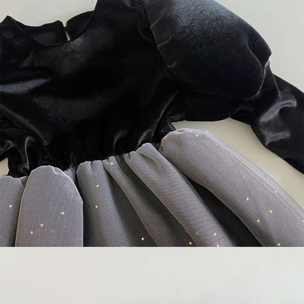 Girls Puff Sleeve Star Print Organza Dress (1-6y)- Black