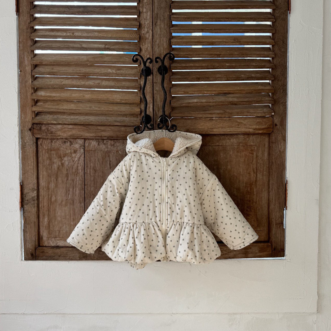 Kids W25 Floral Sherpa Lined Peplum Padded Jacket with Hood (1-6y) - Ivory