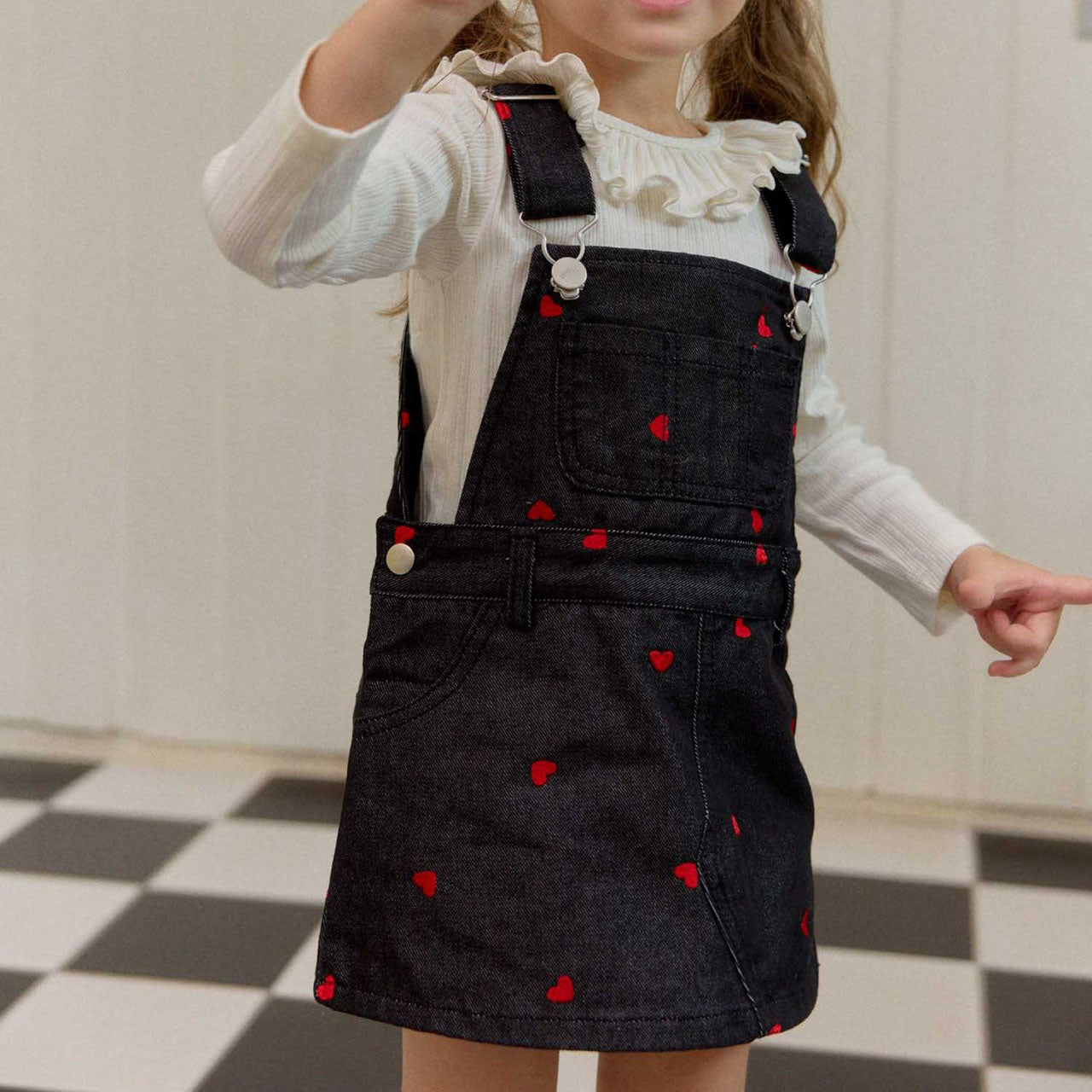 Toddler F25 Heart Embroidery Denim Skirtalls (2-7y) - Black - AT NOON STORE