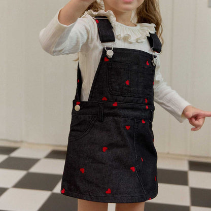 Toddler F25 Heart Embroidery Denim Skirtalls (2-7y) - Black - AT NOON STORE