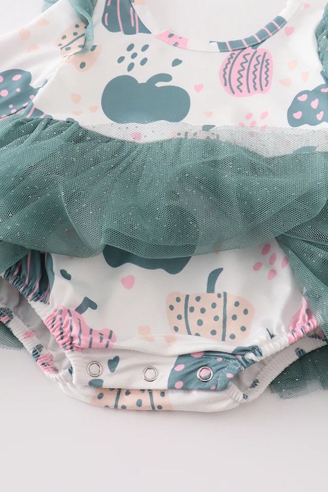 Green Pumpkin Print Ruffle Shoulder Tutu Romper (0-12m) - Green Pumpkin - AT NOON STORE