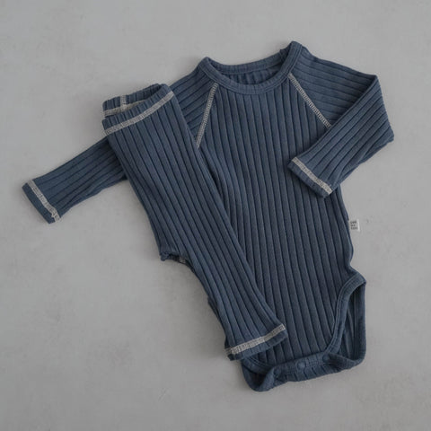 Baby Stitch Detail Ribbed Bodysuit and Pants Set  (3-12m)- Blue