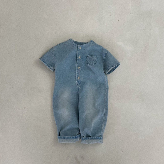 Kids Bella Front Button Short Sleeve Denim Jumpsuit (2-7y) - Denim - AT NOON STORE