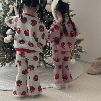 Toddler W25 Strawberry Jacquard Puff Sleeve Sweater & Flare Pants Set (15m-7y) - 2 Colors