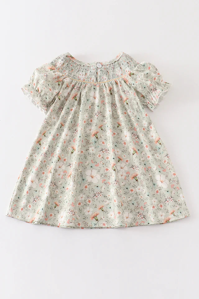 Green Floral Pumpkin Embroidery Yoke  Dress (6m-7y) - Green Floral - AT NOON STORE