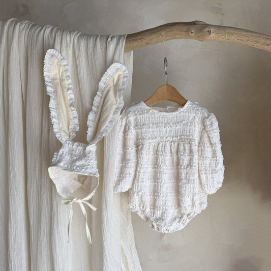 Baby Lace Romper and Bunny Bonnet Set  (3-12m) - Ivory