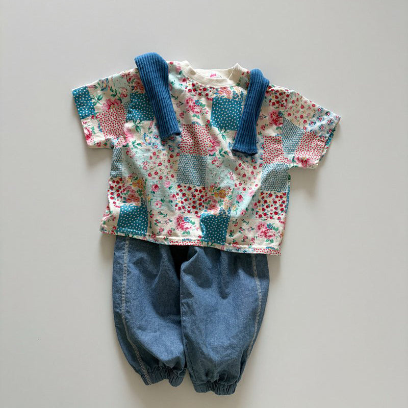 Toddler SP26 Quilted Print Short Sleeve Loose Fit Top  (1-6y) - Blue - AT NOON STORE