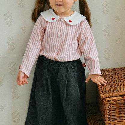 Toddler Milk F25 Heart Embroidery Collar Stripe Shirt (1-7y) - Pink - AT NOON STORE