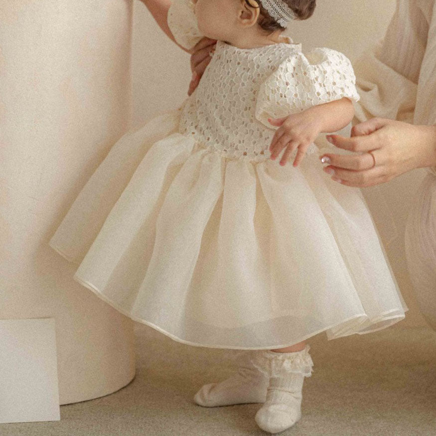 Baby Lace Top Short Puff Sleeve Tulle Party Dress (6m-4y) - Cream - AT NOON STORE