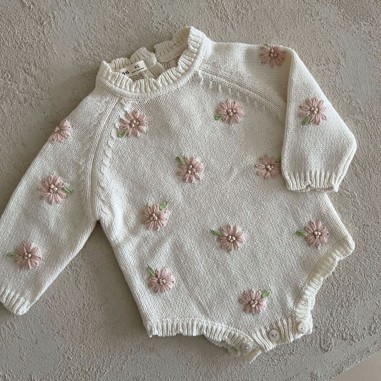 Baby Lala S25 Floral Embroidery Long Sleeve Knit Romper (6-24m) - Ivory - AT NOON STORE