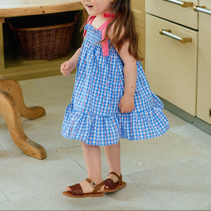 Toddler Milk SS26 Heart Gingham Smocked Bodice Tie Shoulder Dress (1-7y) - Blue