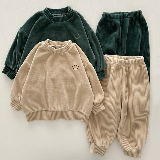 Toddler Smile Embroidery Velour Sweatshirt and Chunky Corduroy Jogger Pants Set  (2-7y) - 2 Colors