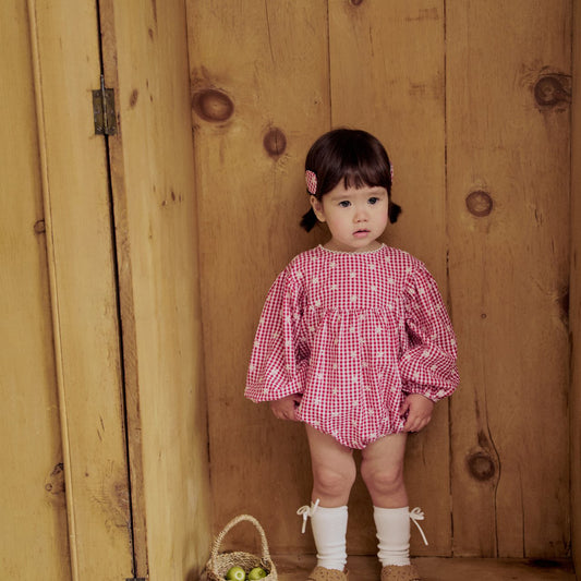 Baby Milk SP26 Floral Embroidery Gingham Bubble Romper (3-18m) - Red