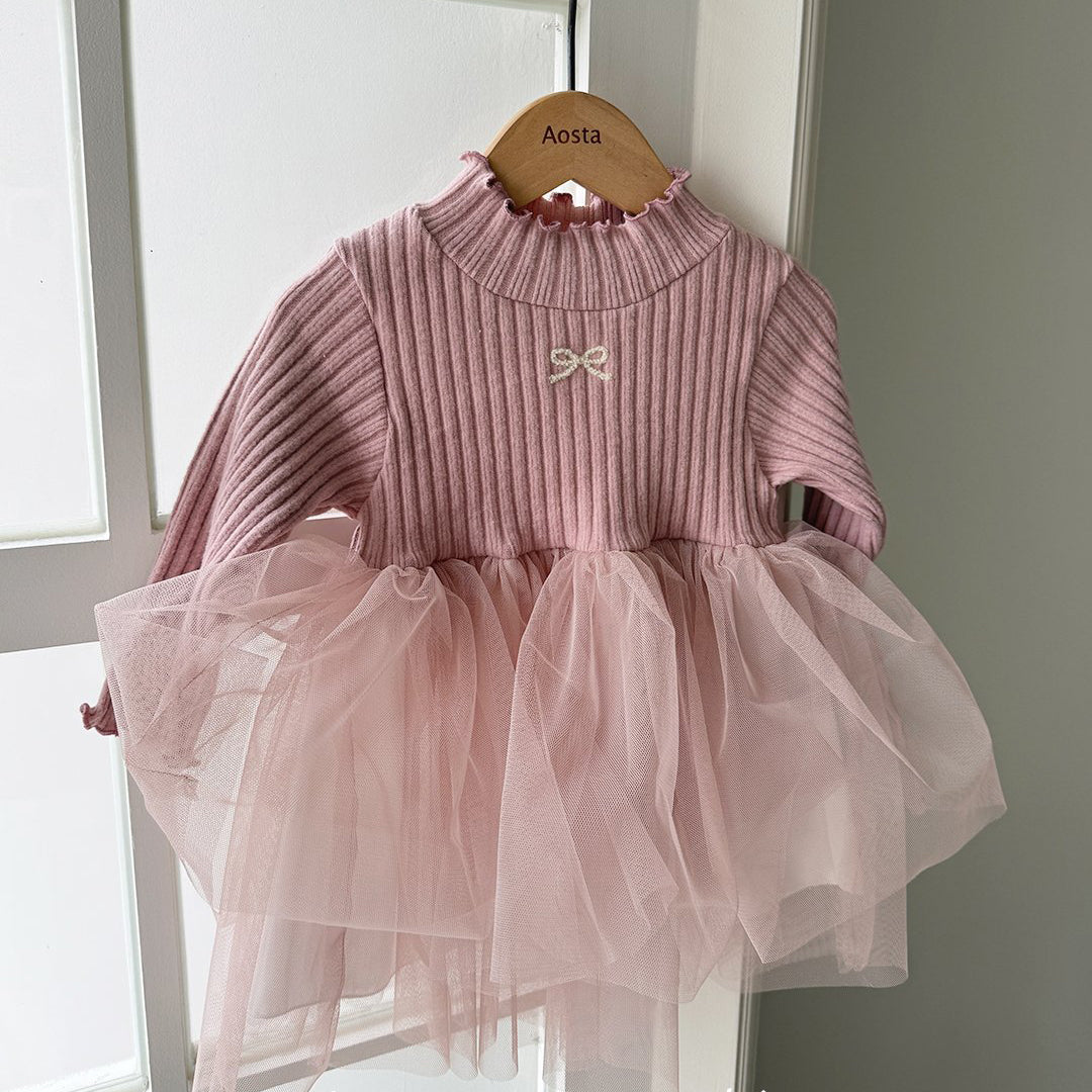 [Pre-Order]Baby/Toddler Aosta W25 Bow Embroidery Ribbed Lettuce-Edge Top Tutu dress (3m-5y)- 2 Colors