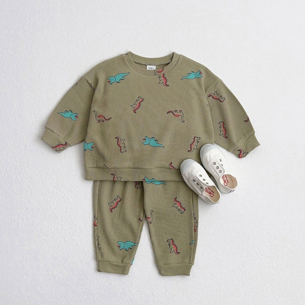 Toddler Waffle Dino Print Pullover and Jogger Patens Set (1-6y) Olive