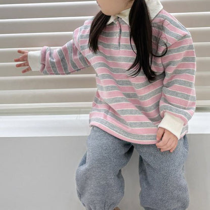 Toddler W25 Warm Soft Stripe Collar Long Sleeve Top (1-7y)- Pink - AT NOON STORE