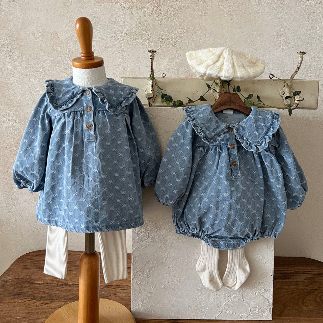 Baby Frill Trim Big Collar Bow Denim Jacquard Bubble Romper (3-24m) - Denim