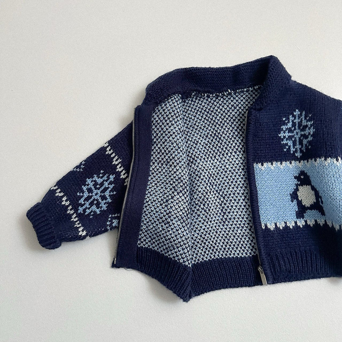 Toddler FW26 Penguin and Snowflake Jacquard Shawl Collar Zip-up Cardigan (10m-4y) - Navy