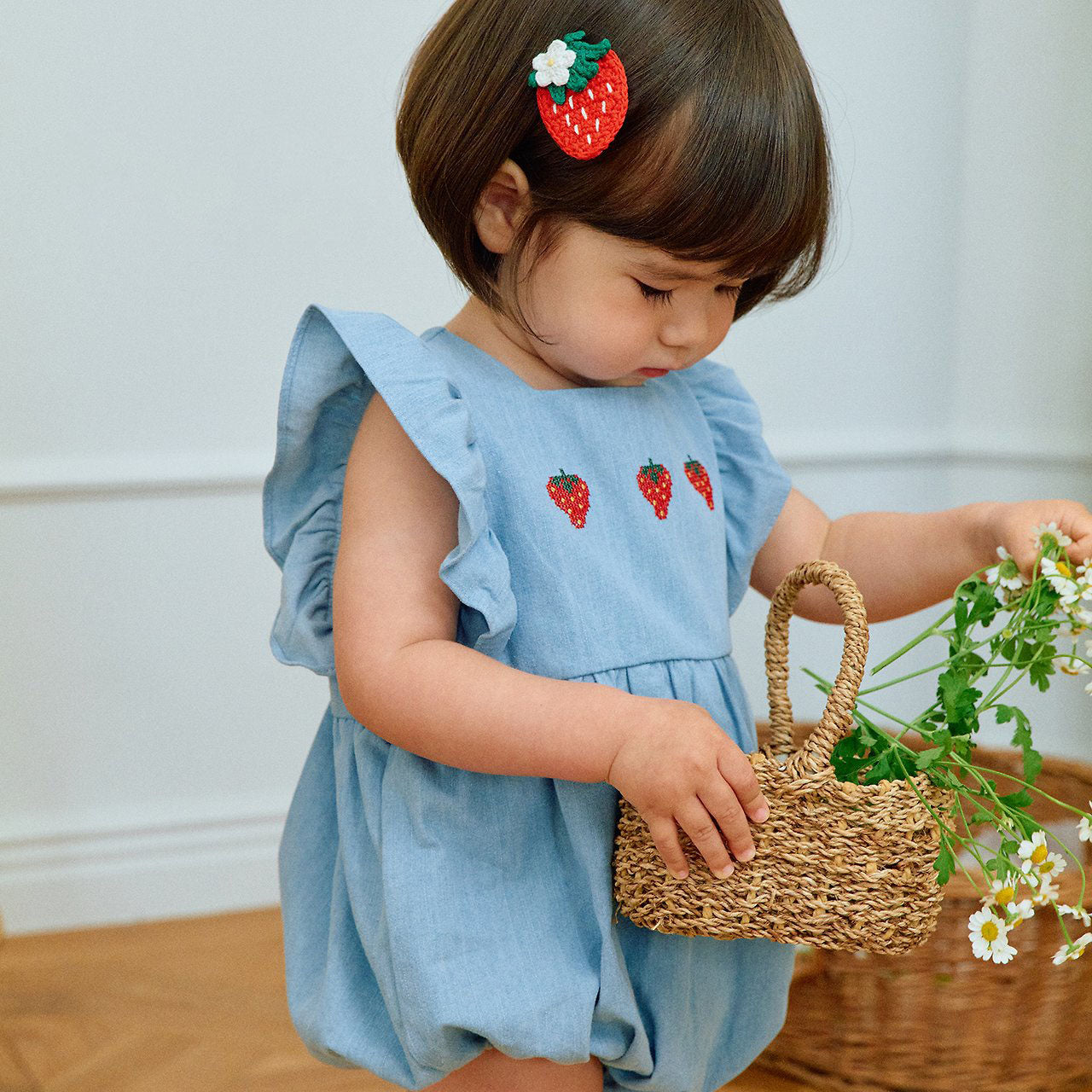 Baby Milk SS26 Strawberry Embroidery Ruffle Sleeve Bubble Denim Romper (3-18m) - Light Denim