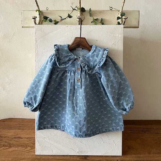 Girl Lala Frill Trim Big Collar Bow Jacquard Denim Dress (1-5y) -Denim - AT NOON STORE