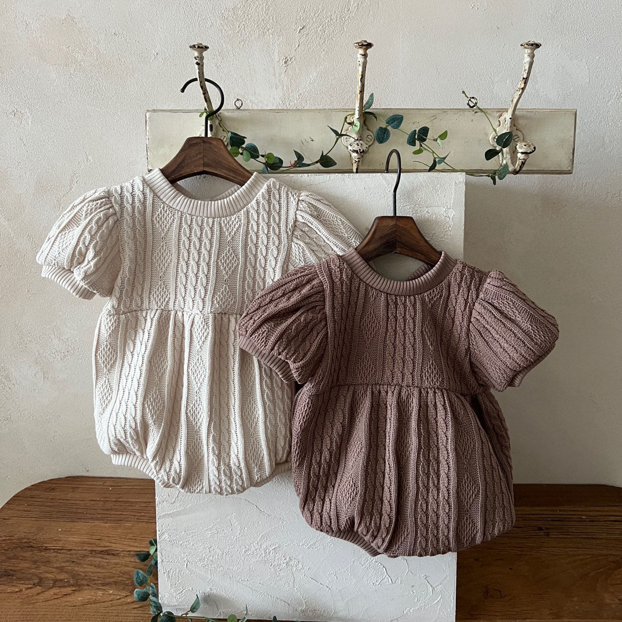 Baby Cable Knit Sweater Puff Short Sleeve Bubble Romper (3-24m) - 2 Colors - AT NOON STORE