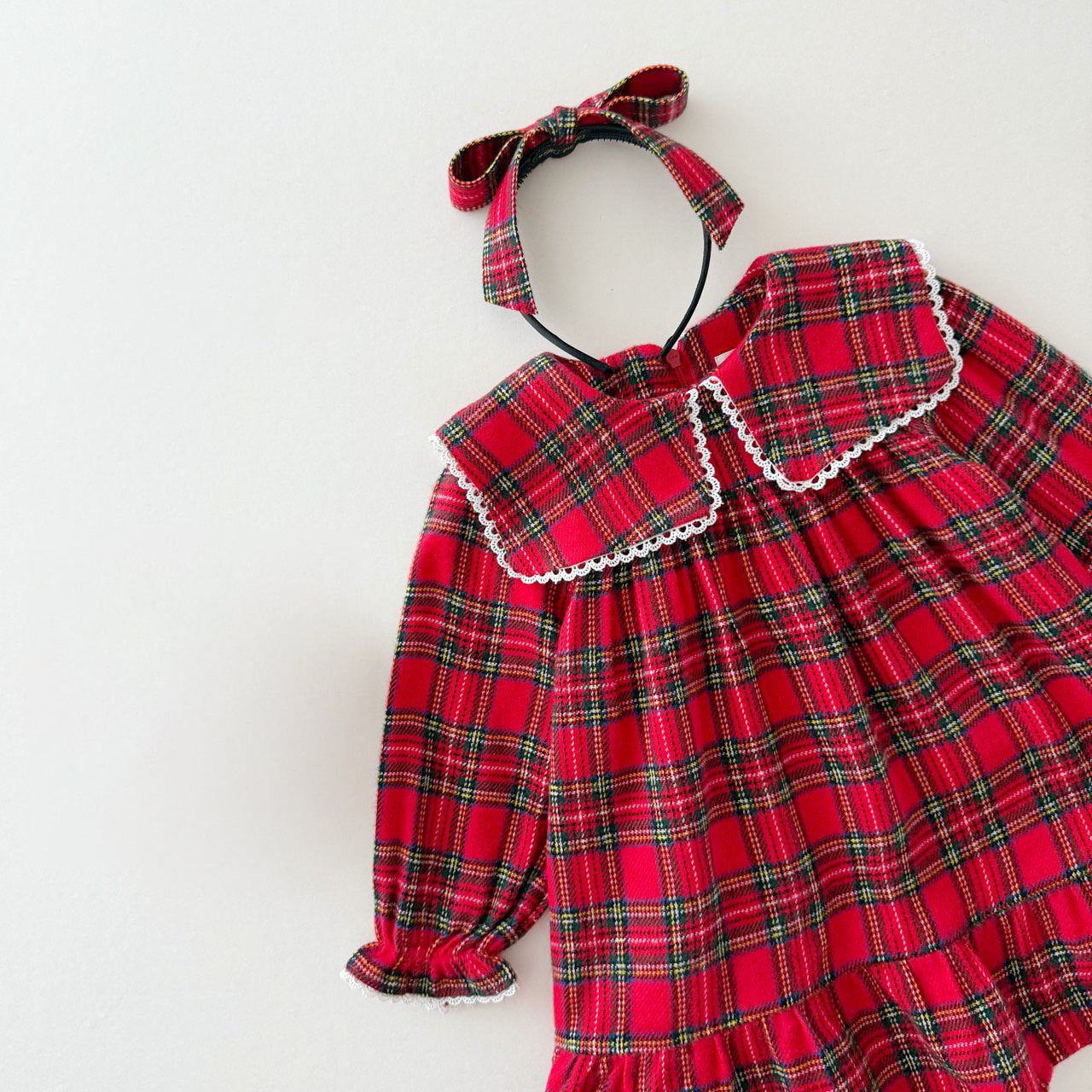 Kids W25 Holiday Plaid Lace Detail Square Collar Frill Dress (2-7y) - Red Green