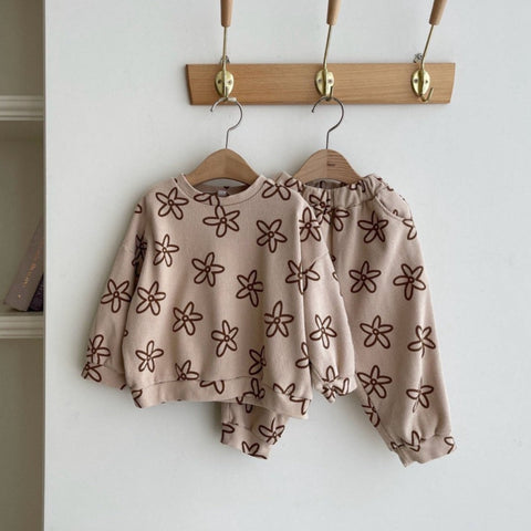Kids Brown Floral Print Rib-Knit Sweatshirt and Jogger Pants Set (1-6y)- Brown